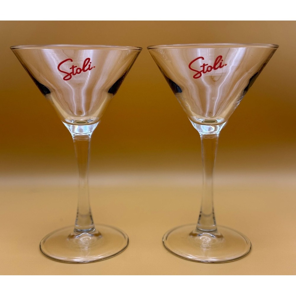 Set of 2 Vintage Stoli Stolichnaya Vodka Red Logo Stemmed Martini Glasses
